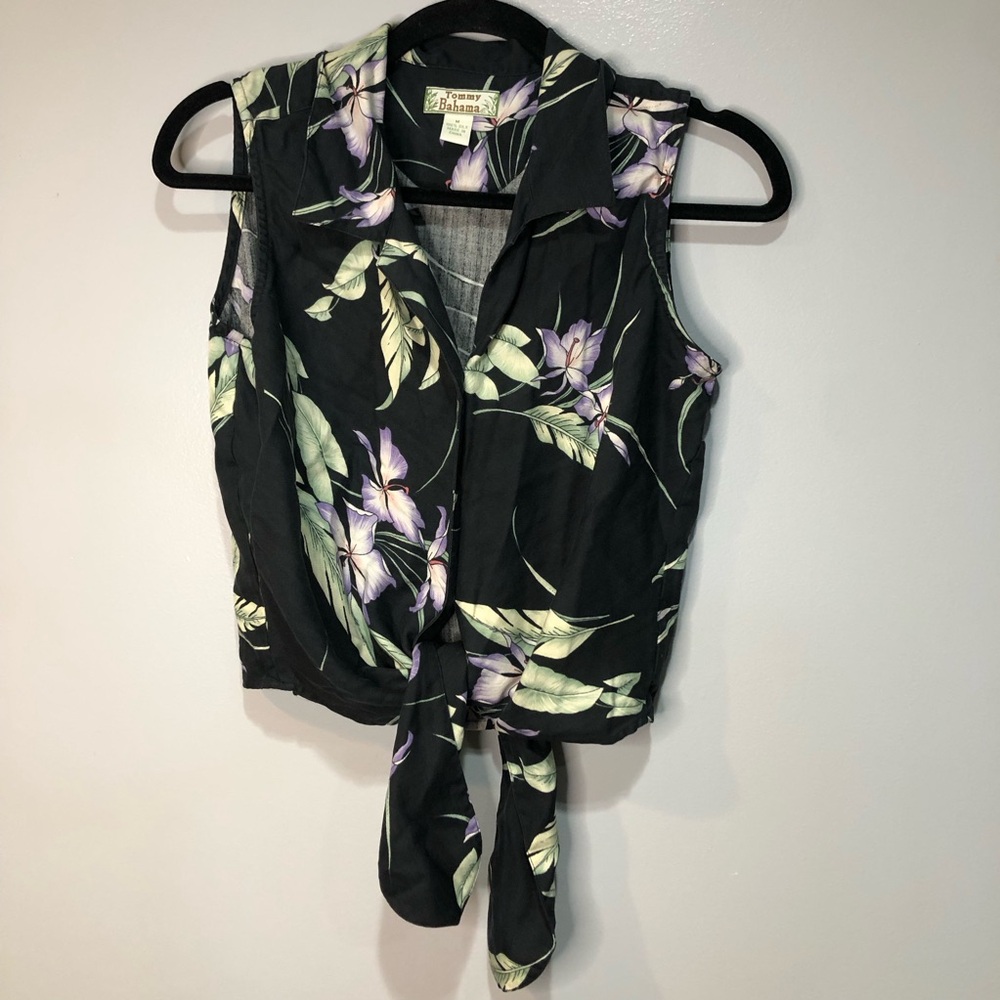 Tommy Bahama 100% Silk Hawaiian Tropical Floral Print Tie Front Top